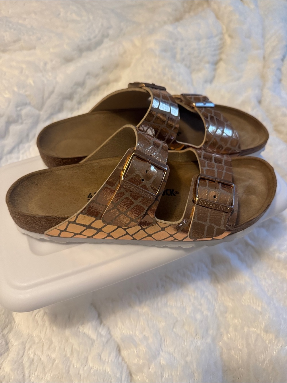 Birkenstock  croc embossed Brown/Gold Upper Slide Sandals